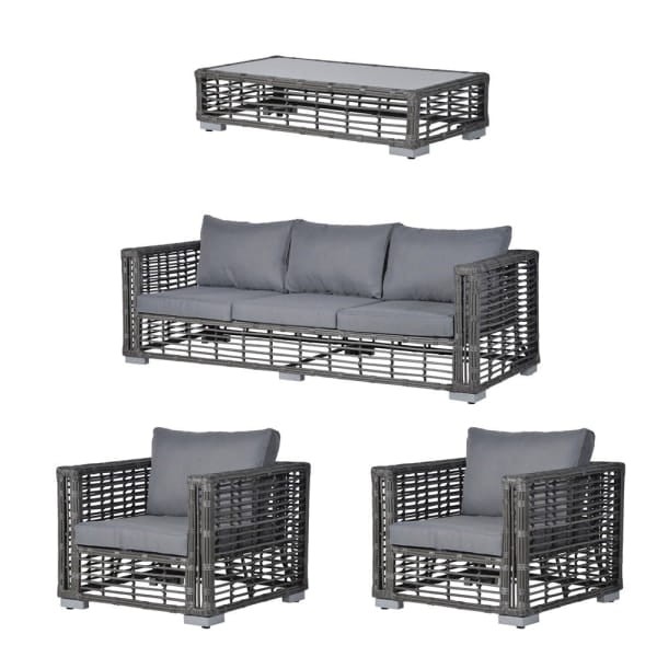 Komplet ogrodowy Sloane sofa dwa fotele stolik aluminium szkło rattan PE