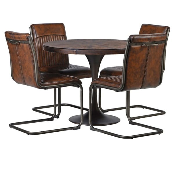 Brązowy stół do jadalni Chester o średnicy 100 cm okrągły blat stal szkło efekt skóry