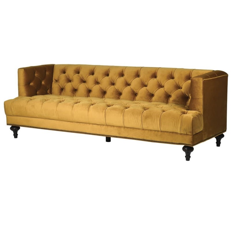 Żółta sofa Minor Mustard velvet trzyosobowa sofa pikowana