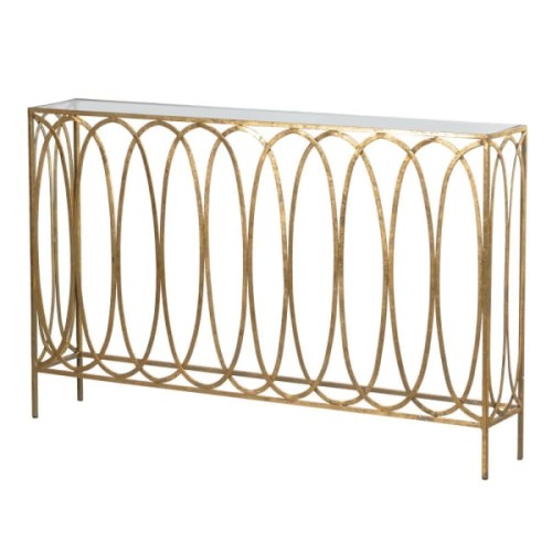 Konsola złota Belgrave Gold 122x77 cm owalny wzór żelazna rama szklany blat