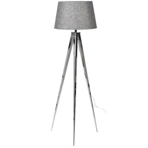 Lampa podłogowa Nickel Grey metalowa srebrna podstawa szary lniany abażur