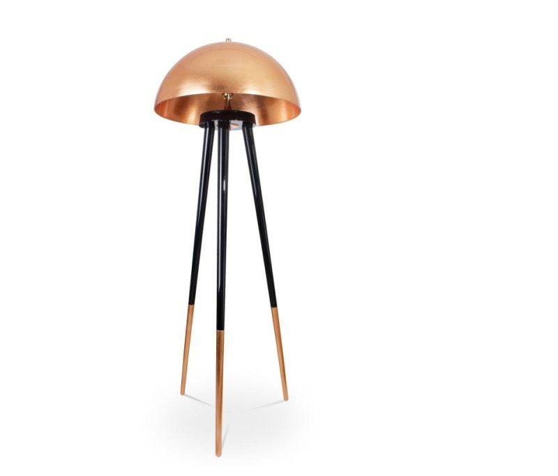 Złota lampa podłogowa Brera 150 cm klosz włókno szklane złoty mosiądz drewno złoto czerń