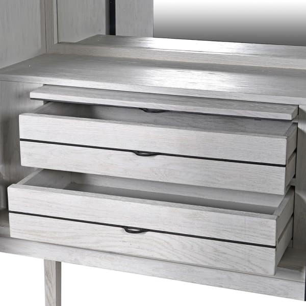 Barek Light Oak 183 cm jasny dąb lustrzane wnętrze szuflady półki podwieszane kieliszki