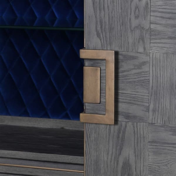 Barek Camile Oak 182 cm szary dąb granatowe wnętrze podwieszane kieliszki szuflady