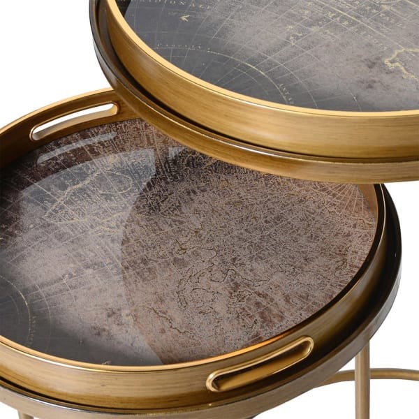 Stoliki boczne Halycon Map Brown ze zdejmowanym blatem zdobienia złota rama