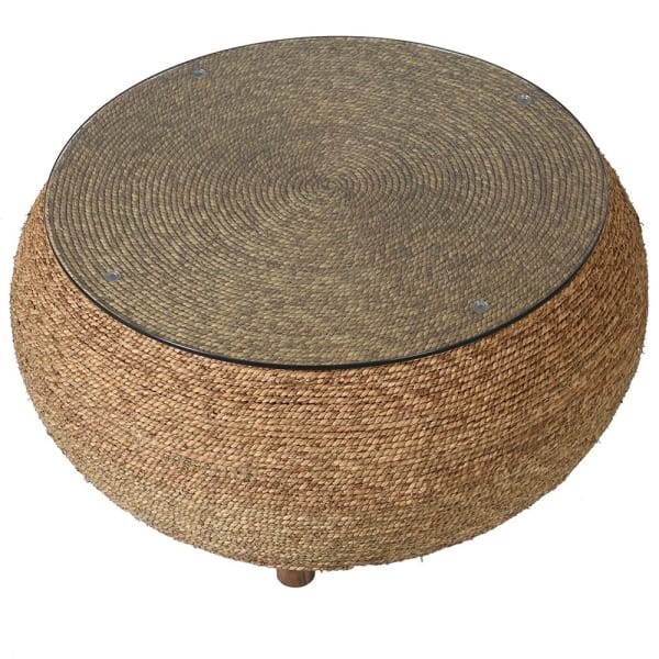 Stolik kawowy boho - stolik Toba Natural 86x43cm pleciona rama trawa morska szklany okrągły blat