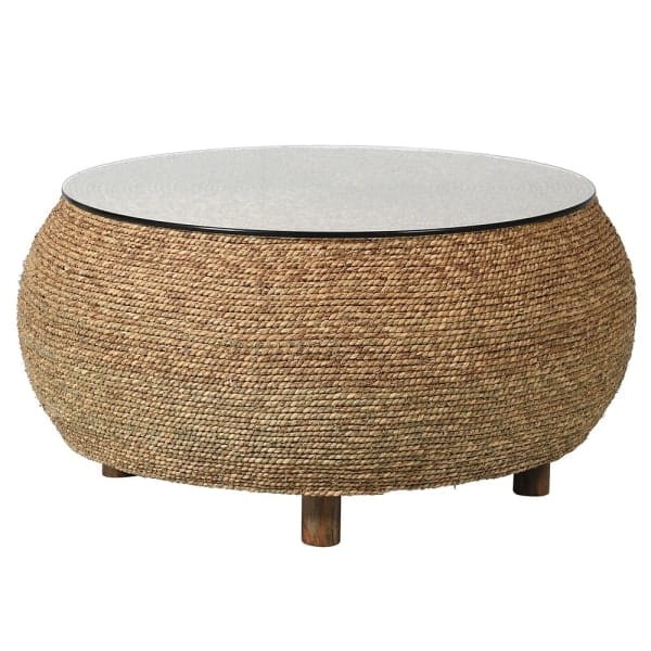 Stolik kawowy boho - stolik Toba Natural 86x43cm pleciona rama trawa morska szklany okrągły blat