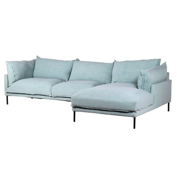 Sofa Blue Linen jasnoniebieska 165x280 cm narożna sofa pokryta lnem czarne nóżki grube poduchy
