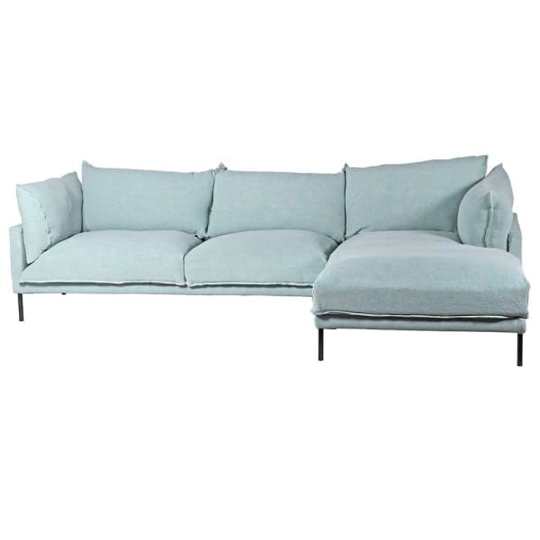 Sofa Blue Linen jasnoniebieska 165x280 cm narożna sofa pokryta lnem czarne nóżki grube poduchy