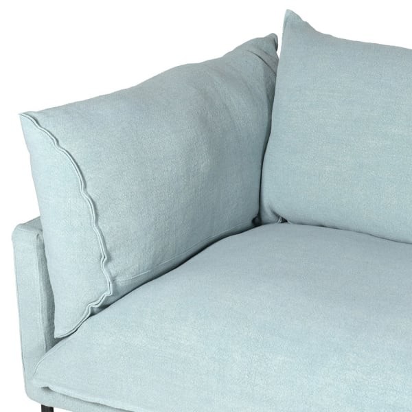 Sofa Blue Linen jasnoniebieska 165x280 cm narożna sofa pokryta lnem czarne nóżki grube poduchy