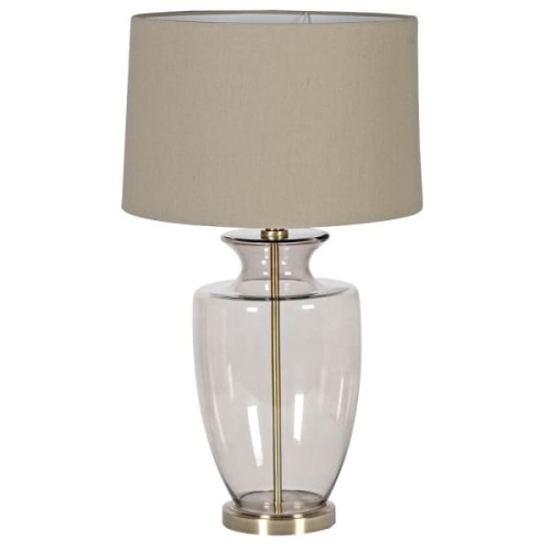 Lampa stołowa Glass Elegance 74 cm – dymione szkło, złote detale i lniany abażur