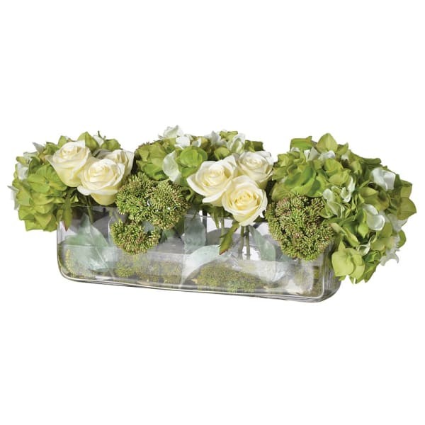 Dekoracja Boscobel sztuczne kwiaty 55 cm w szkle hortensja róża rozchodnik zieleń limonka
