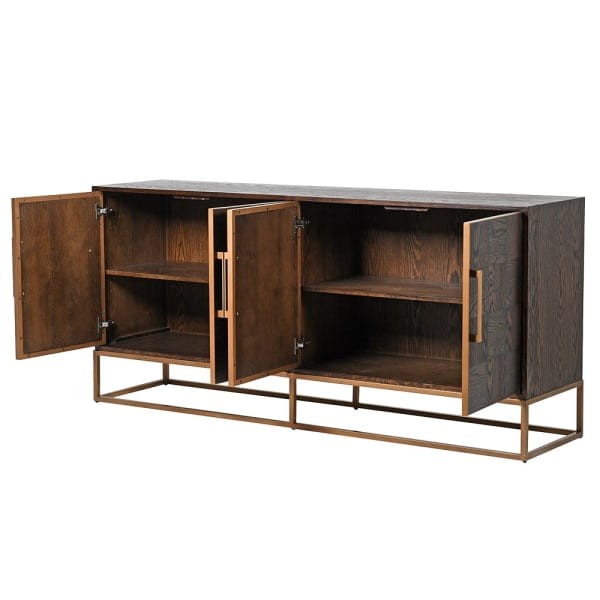 Komoda Surrey 187x86 cm drewno dąb żelazna podstawa w kolorze mosiądzu efekt parkietu czterodrzwiowa