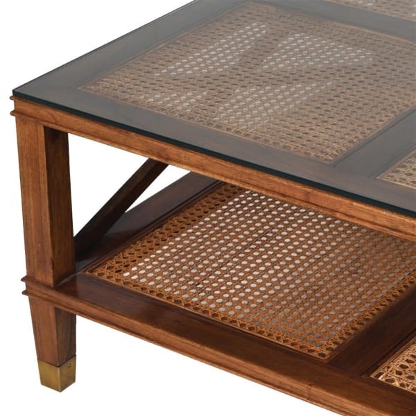 Stolik kawowy Shire Melia indyjska 100 cm brąz szklany blat kwadratowa ława