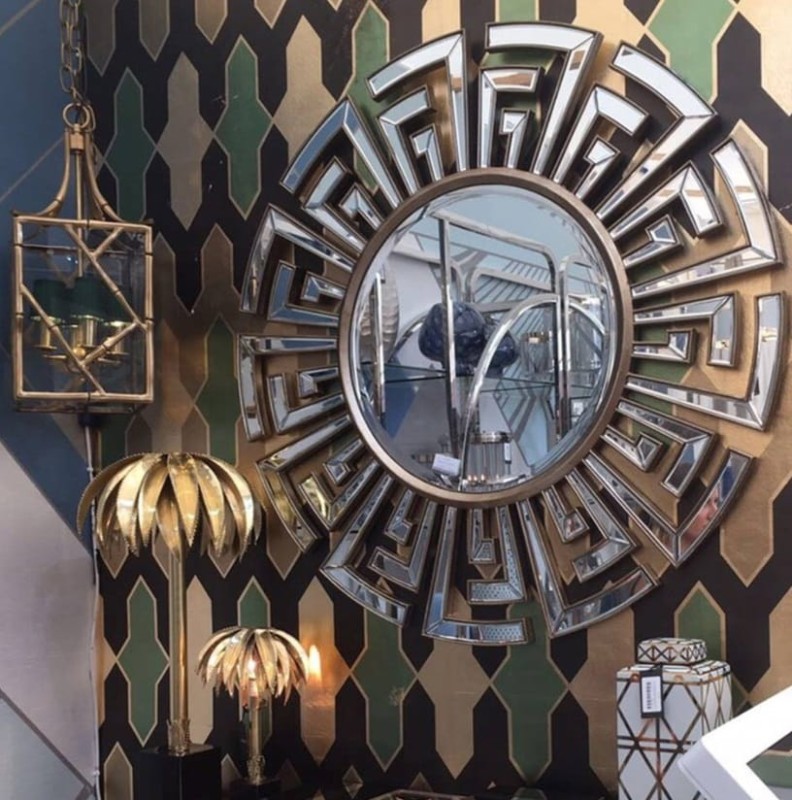 Duże lustro zdobione Boscobel okrągłe 120 cm styl art deco detale szampańskie złoto - lustro art deco
